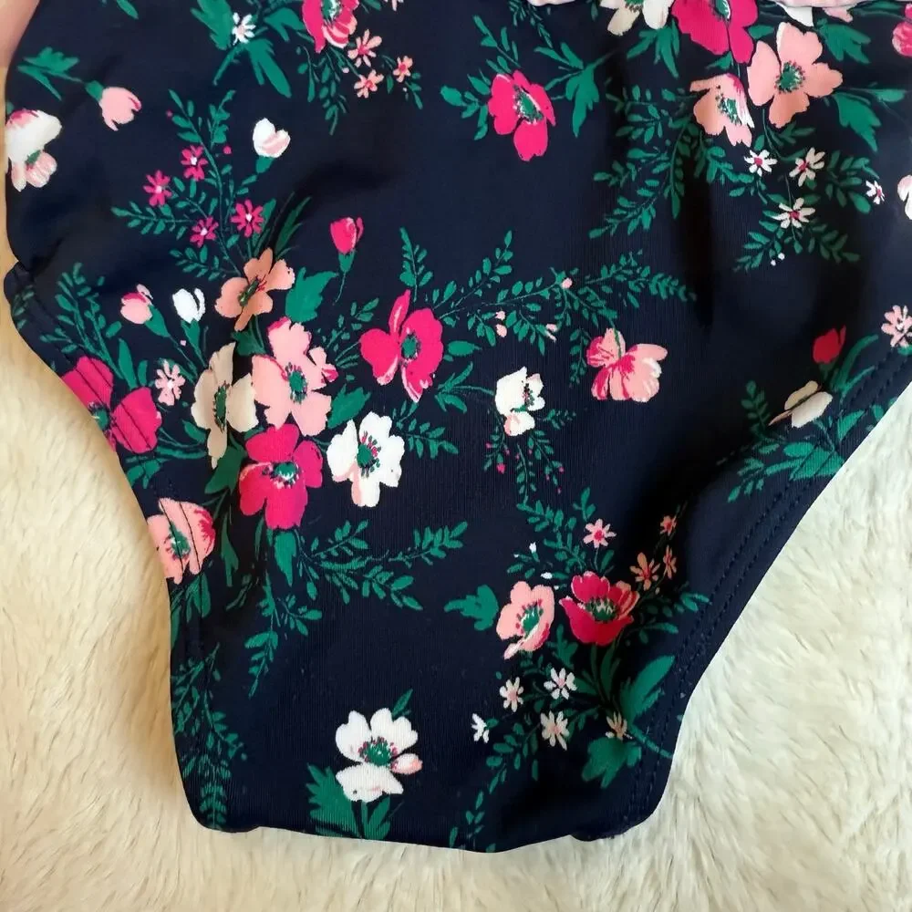 Janie Jack Swimsuit One Piece Navy Blue Pink Ruffle Bow Baby Girl 6-12 Months